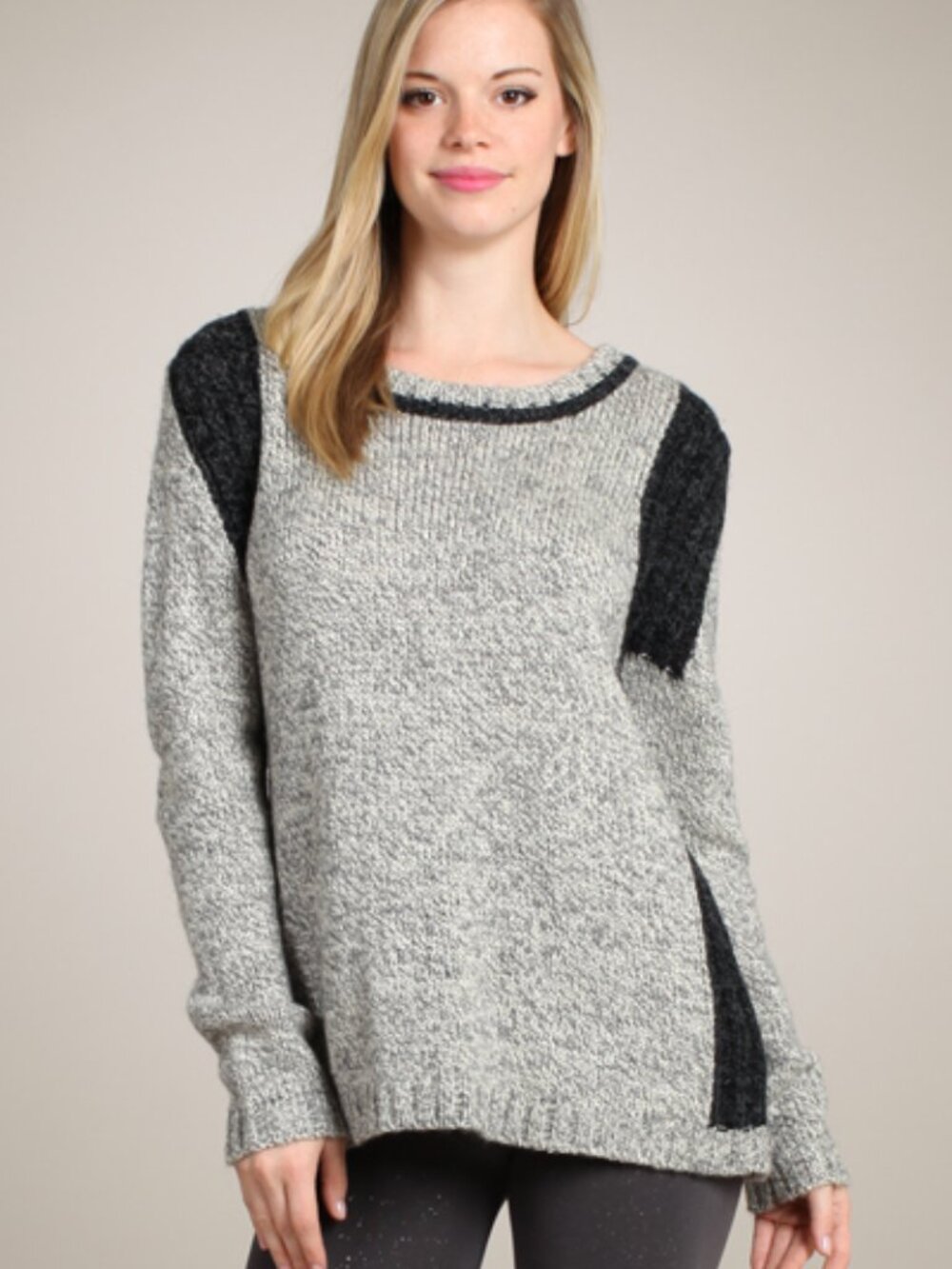 M Rena Color Blocked Sweater Soft Wool Blend Knit Sweater Gray Black Cream